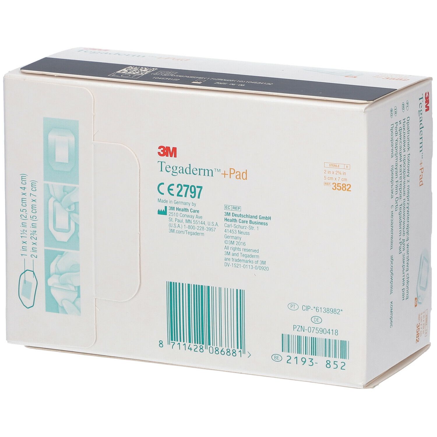 Rückseite der Verpackung mit 3M Tegaderm + Pad. CE-Kennzeichnung. Größe 5 x 7 cm.