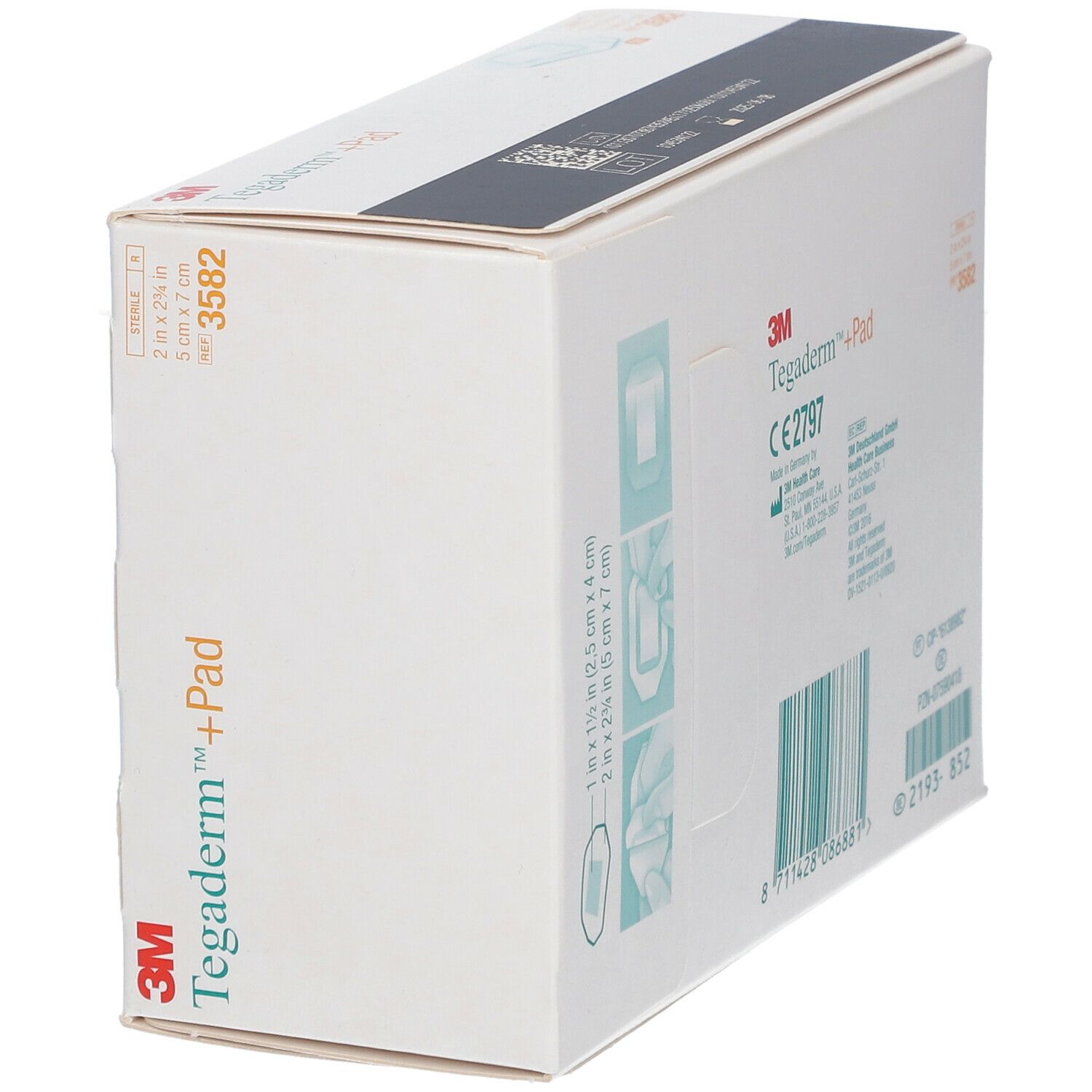 Schrägansicht der Verpackung mit 3M Tegaderm + Pad. CE-Kennzeichnung. Größe 5 x 7 cm.