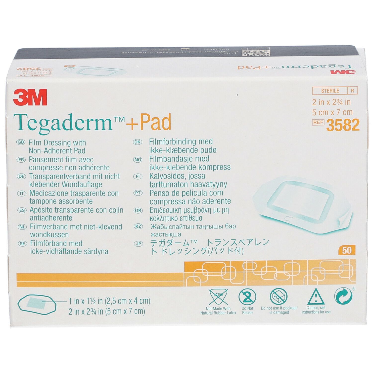 Verpackung mit 3M Tegaderm + Pad. Größe 5 x 7 cm. Enthält 50 Stück. Sterile Wundauflage.