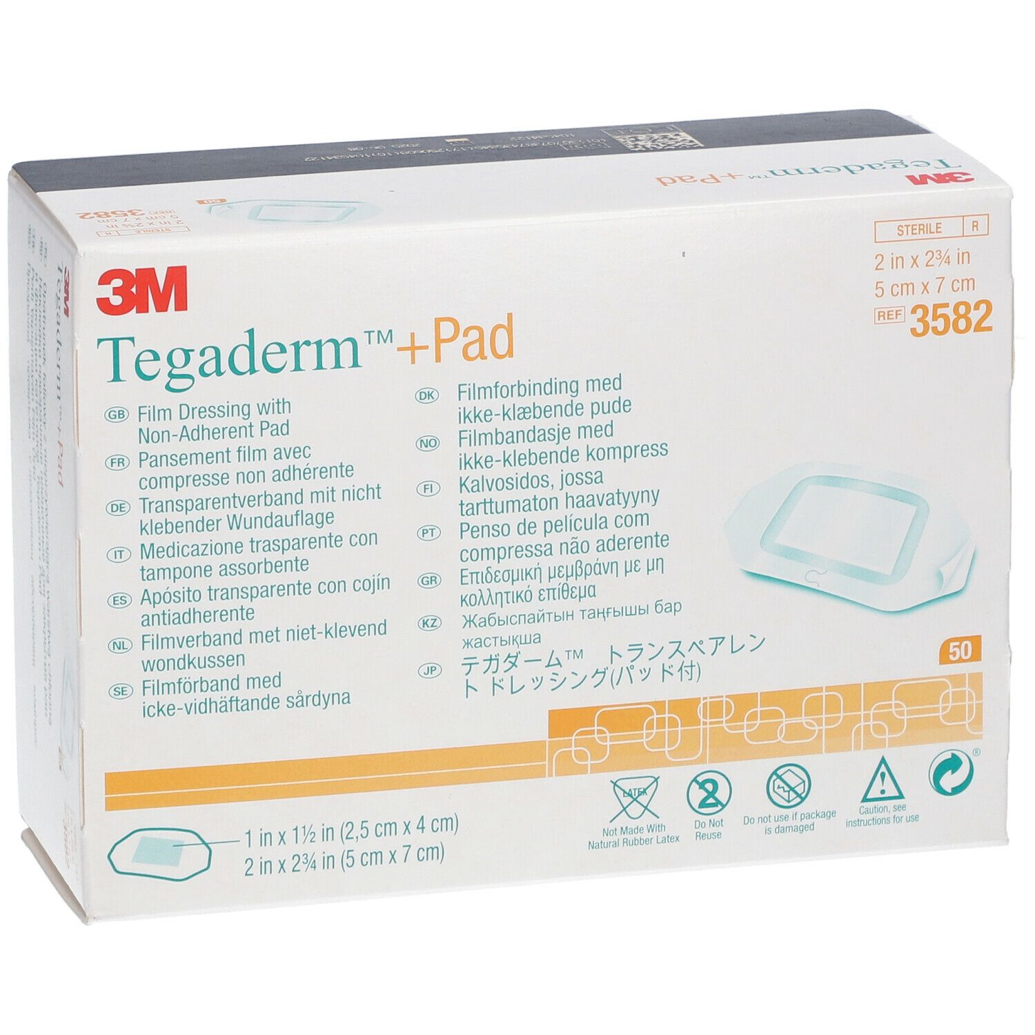 Verpackung mit 3M Tegaderm + Pad. Größe 5 x 7 cm. Enthält 50 Stück. Sterile Wundauflage.