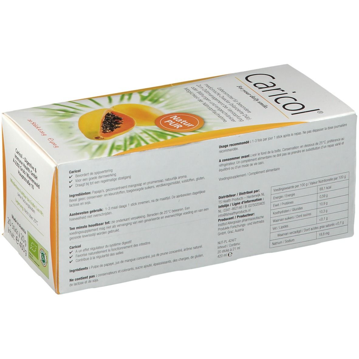 Weißer Karton mit Caricol-Logo und Papaya-Abbildung. Text und Nährwertangaben auf der Rückseite. Enthält 20 Sticks à 20 g.