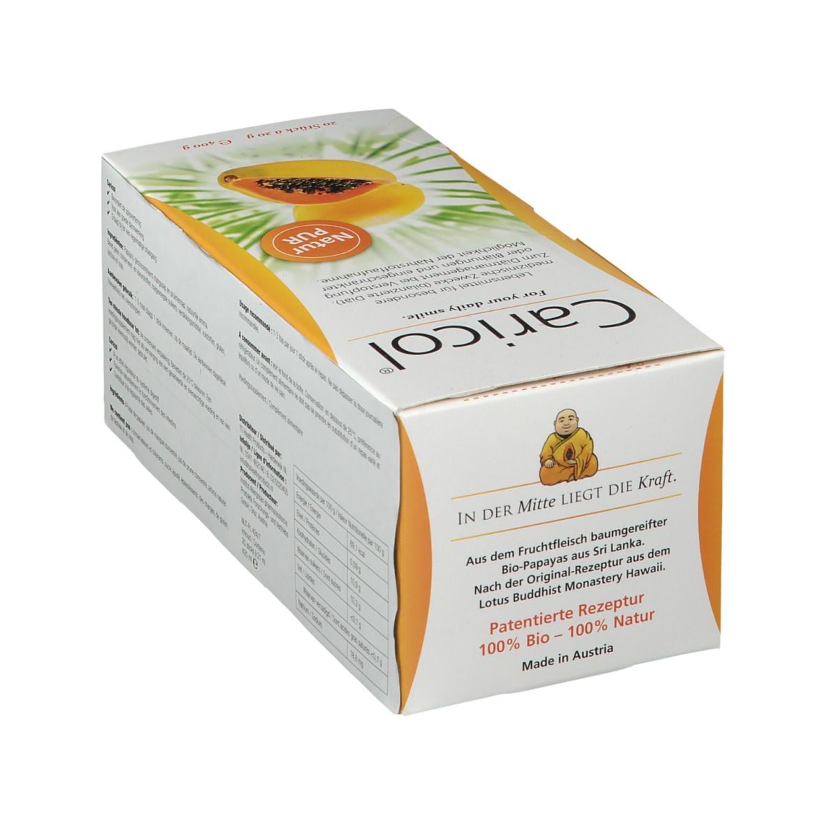 Weißer Karton mit Caricol-Logo und Papaya-Abbildung. Text: "In der Mitte liegt die Kraft". Enthält 20 Sticks à 20 g.
