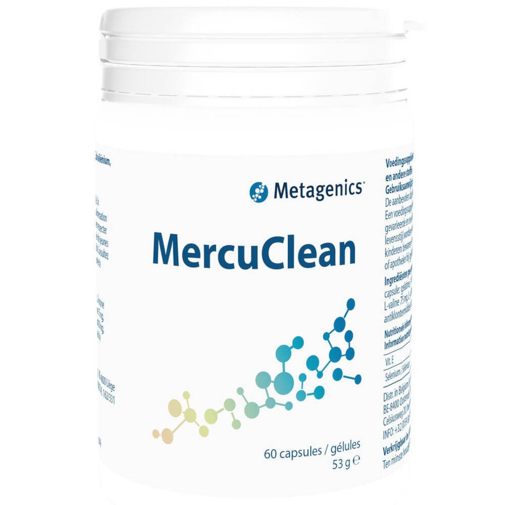 Boîte blanche avec couvercle. Inscription: MercuClean, 60 gélules. Marque: Metagenics. Graphique de molécules bleues et vertes.