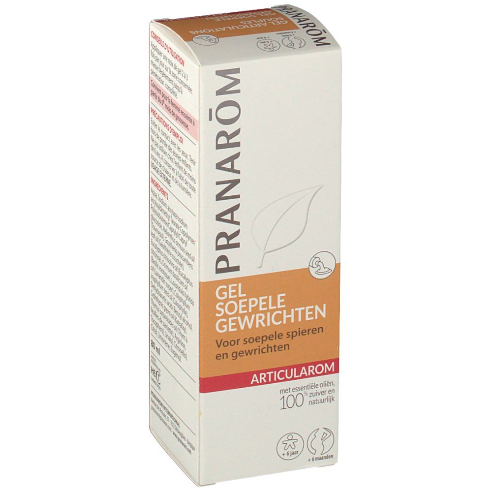 Witte doos met productinformatie. Opschrift: Pranarom, Gel soepele gewrichten. Bevat 100% pure, natuurlijke essentiële oliën.