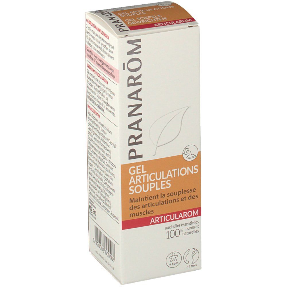 Witte doos met productinformatie. Opschrift: Pranarom, Gel soepele gewrichten. Bevat 100% pure, natuurlijke essentiële oliën.