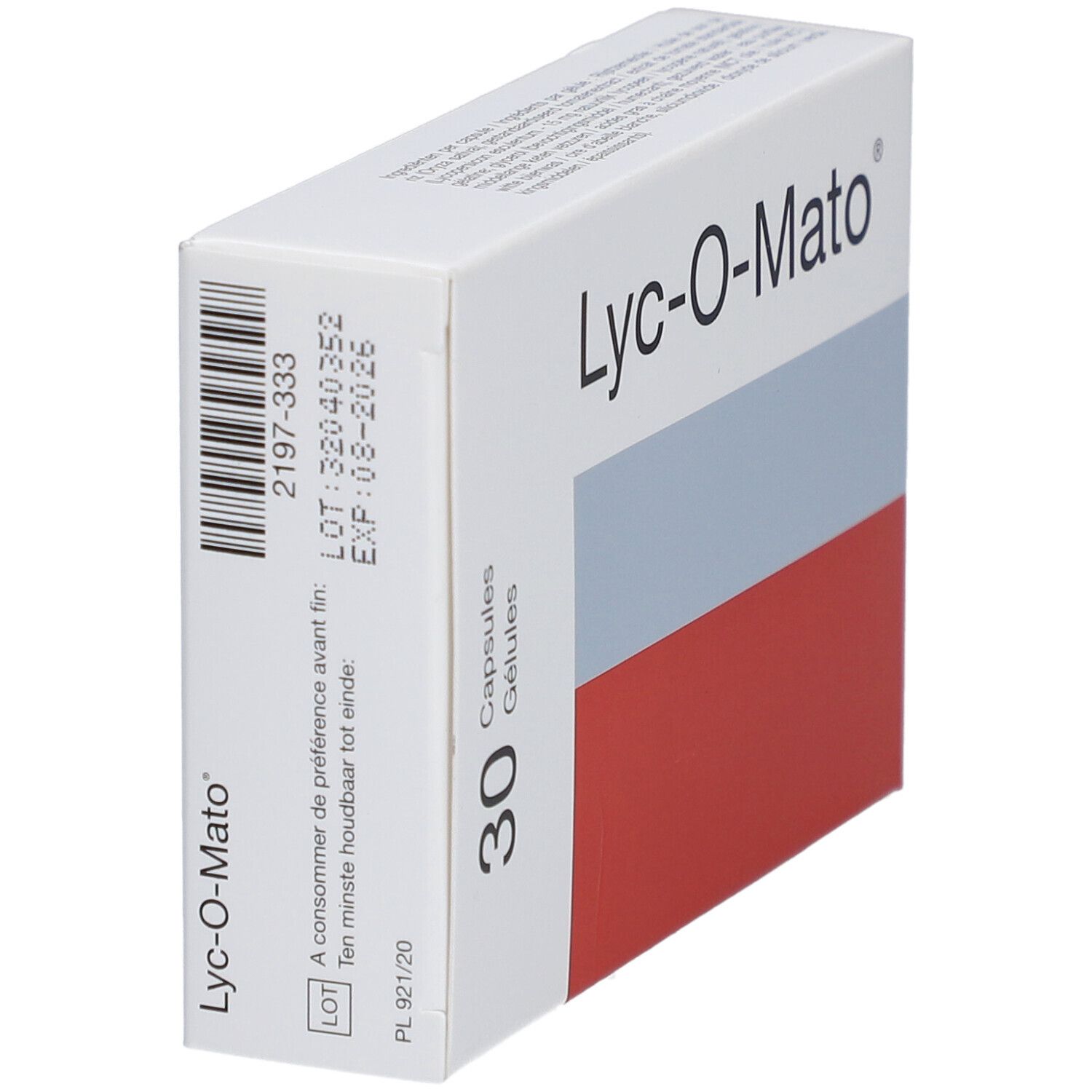 Doosje Lyc-O-Mato®. 30 capsules. Wit, grijs en rood. Bedrukking: LOT, EXP, PL.