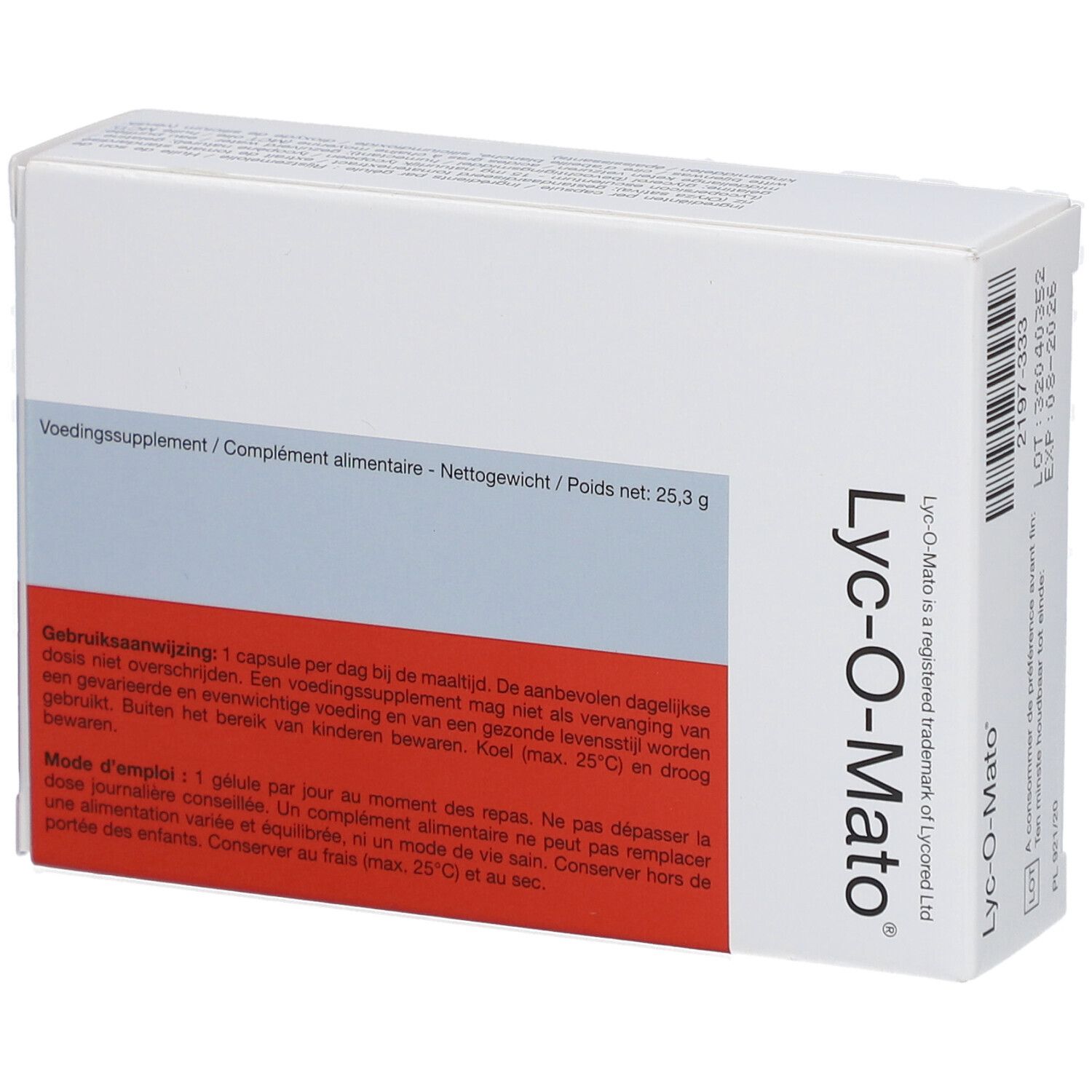 Doosje Lyc-O-Mato®. 30 capsules. Wit, grijs en rood. Tekst: Gebruiksaanwijzing, Netto gewicht.