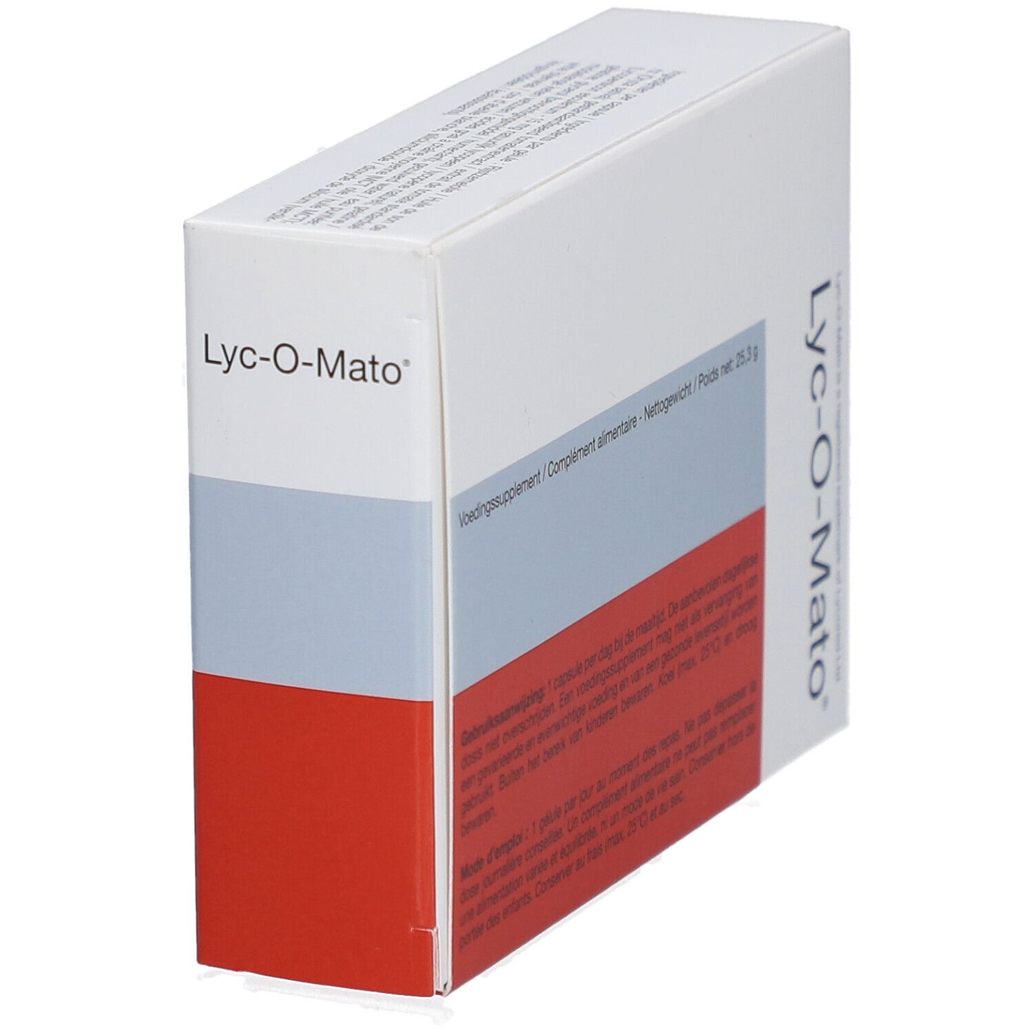 Doosje Lyc-O-Mato®. 30 capsules. Wit, grijs en rood. Tekst: Gebruiksaanwijzing, Netto gewicht.