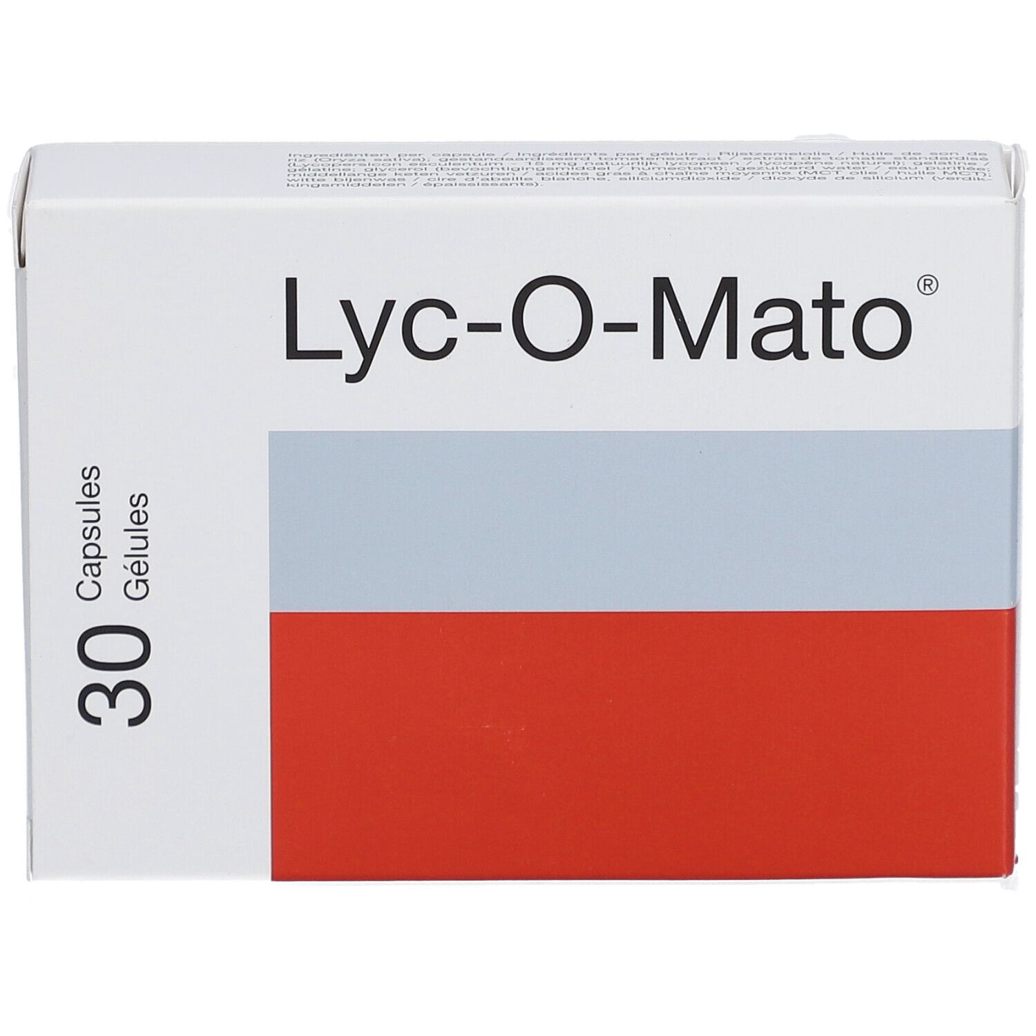 Doosje Lyc-O-Mato®. 30 capsules. Wit, grijs en rood. Tekst: Capsules, Gélules.