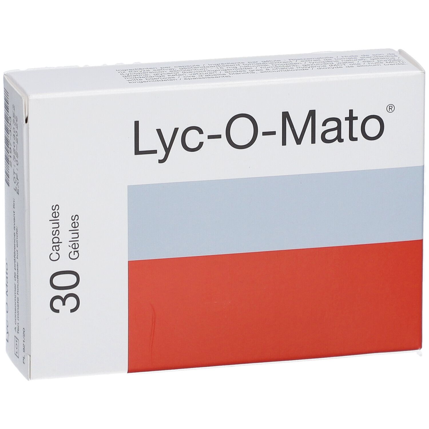 Doosje Lyc-O-Mato®. 30 capsules. Wit, grijs en rood. Tekst: Capsules, Gélules.