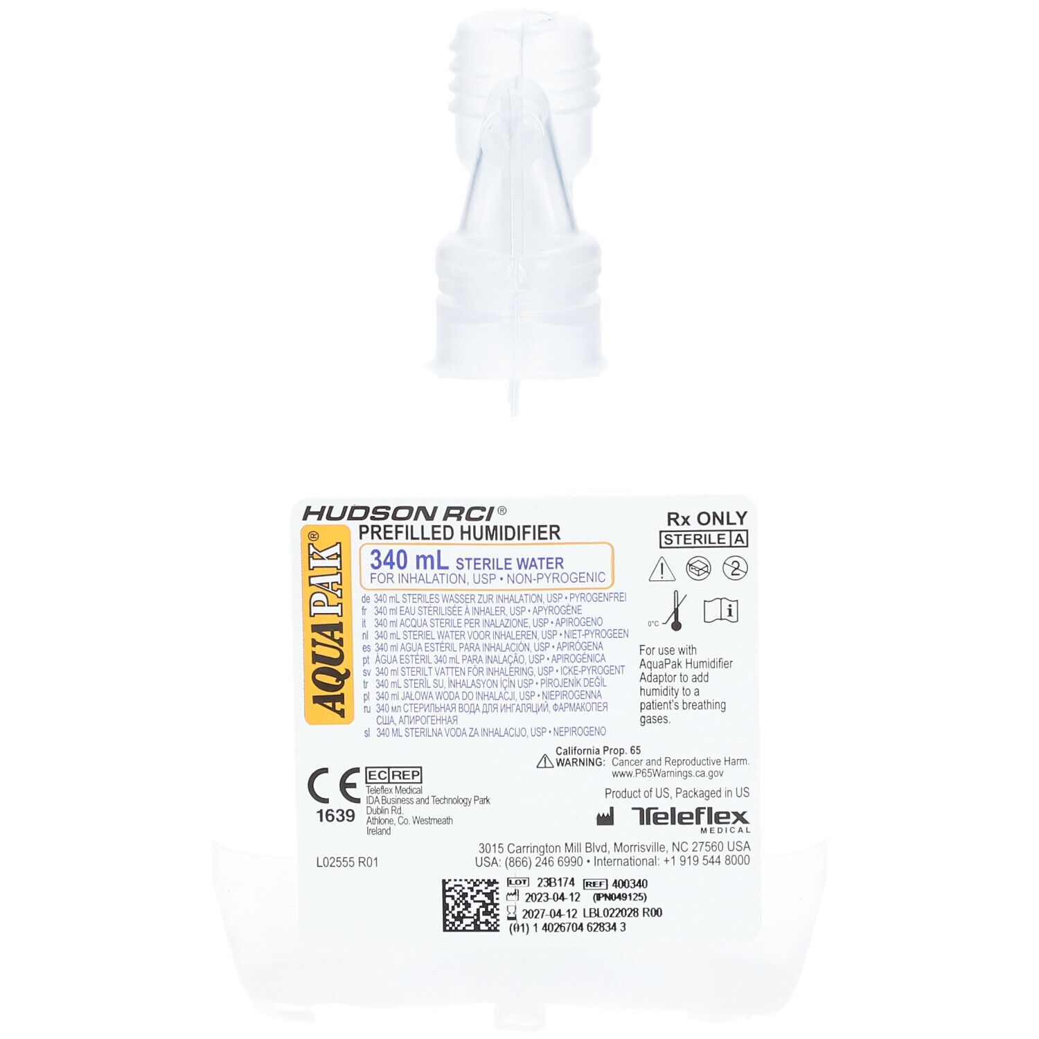 Behälter Hudson RCI AquaPak, 340 ml steriles Wasser. Mit Verschluss. CE-Kennzeichnung.