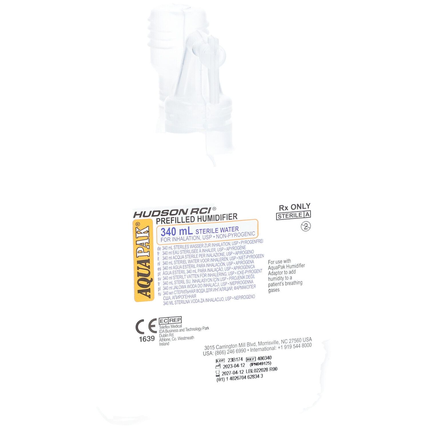 Behälter Hudson RCI AquaPak, 340 ml steriles Wasser. Mit Verschluss. CE-Kennzeichnung.