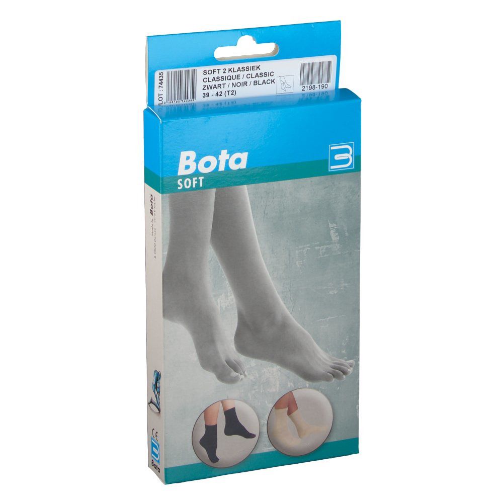 Emballage de chaussettes Bota Soft. Impression : Bota Soft, Classic, noir, taille 39-42. Illustration de pieds avec des chaussettes.