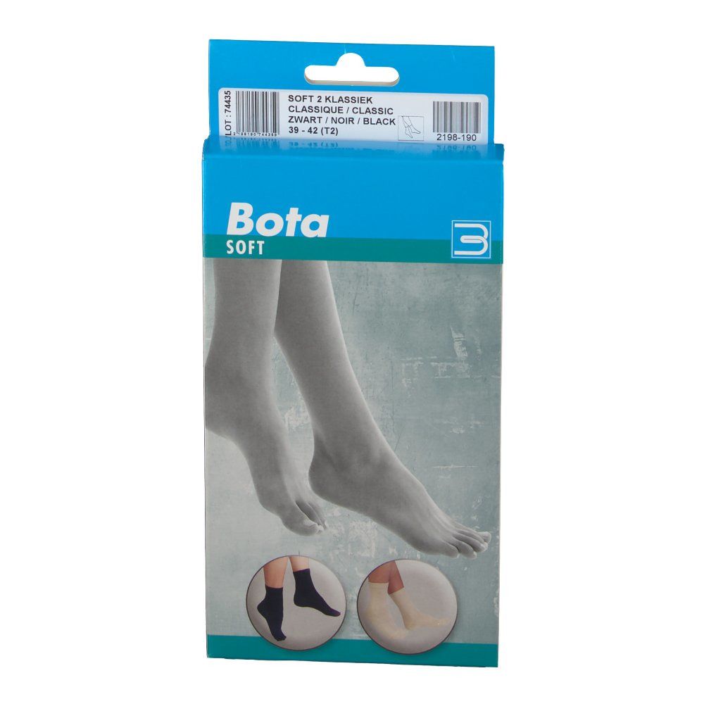 Emballage de chaussettes Bota Soft. Impression : Bota Soft, Classic, noir, taille 39-42. Illustration de pieds avec des chaussettes.