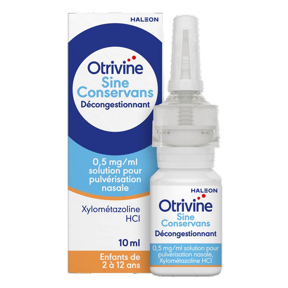 Boîte de spray nasal. Inscription : Otrivine Sine Conservans, 0,5 mg/ml. Pour enfants de 2 ans et plus.
