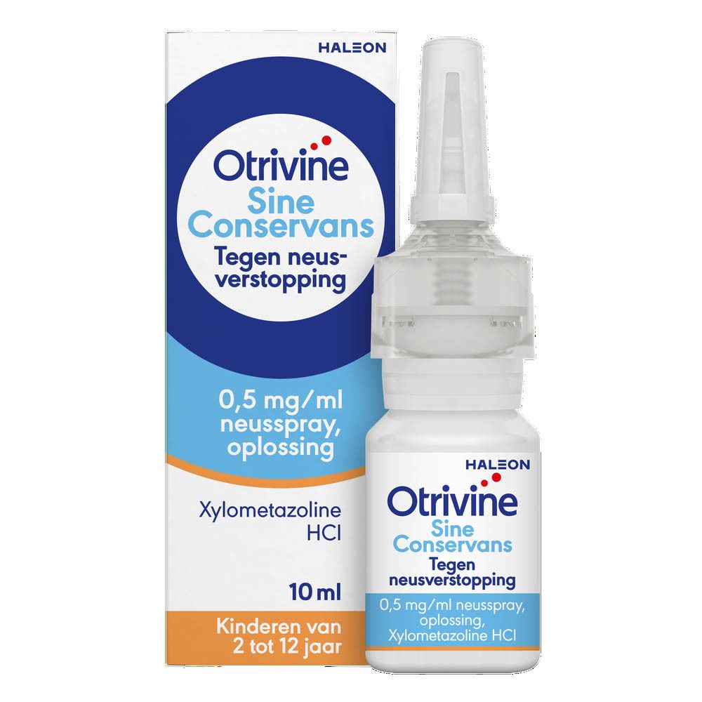 Neussprayfles met sproeikop. Opschrift: Otrivine Sine Conservans, 0,5 mg/ml, 10 ml.