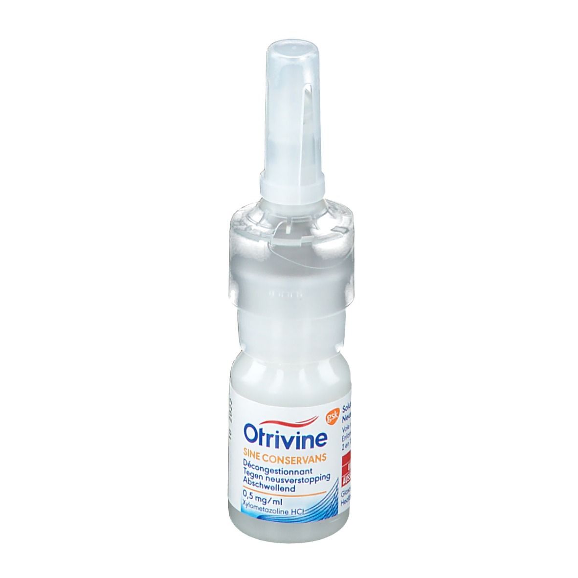 Flacon de spray nasal avec embout. Inscription : Otrivine Sine Conservans, 0,5 mg/ml.