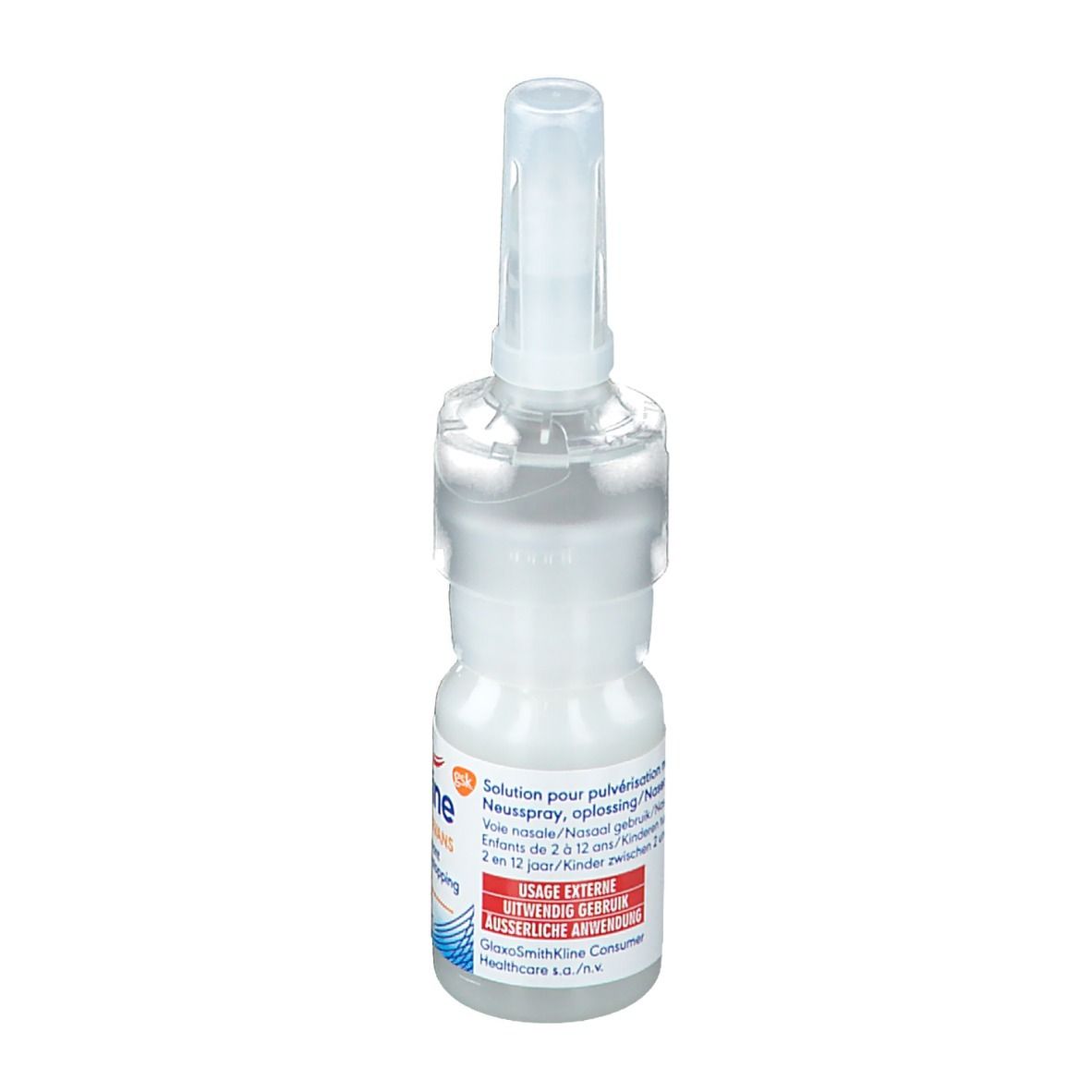 Flacon de spray nasal avec embout. Inscription : Otrivine Sine Conservans, 0,5 mg/ml. Mode d'emploi.