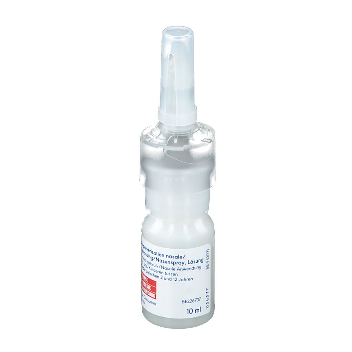 Flacon de spray nasal avec embout. Inscription : Otrivine Sine Conservans, 0,5 mg/ml, 10 ml.