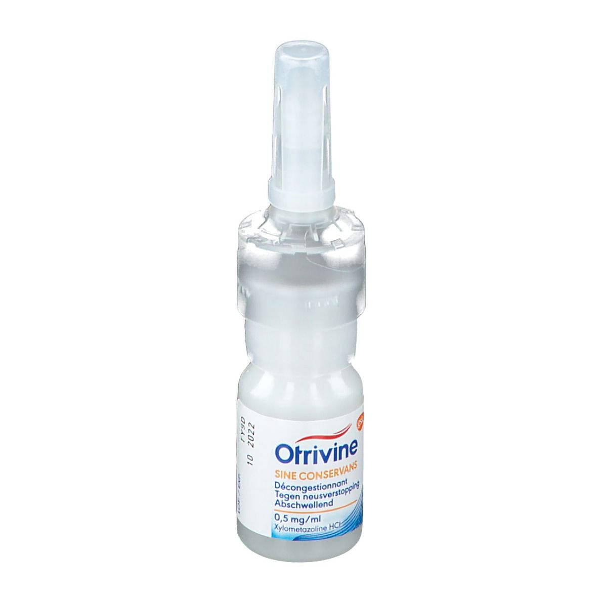 Flacon de spray nasal avec embout. Inscription : Otrivine Sine Conservans, 0,5 mg/ml, 10 ml, date de péremption.