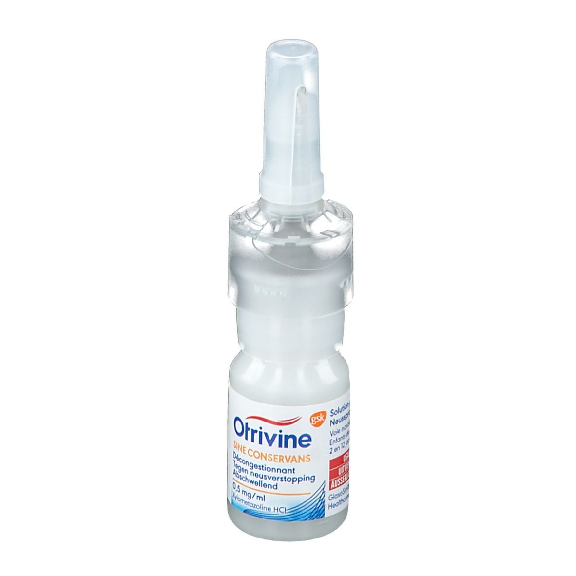 Flacon de spray nasal avec embout. Inscription : Otrivine Sine Conservans, 0,5 mg/ml, 10 ml.