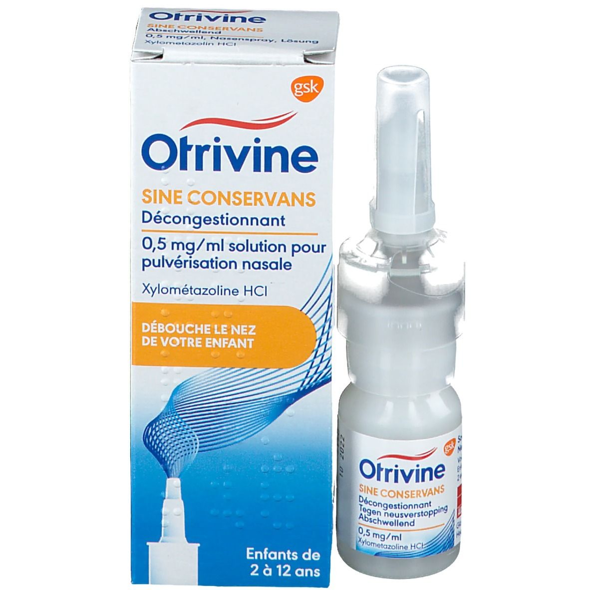 Flacon et boîte de spray nasal. Inscription : Otrivine Sine Conservans, 0,5 mg/ml. Pour enfants de 2 ans et plus.