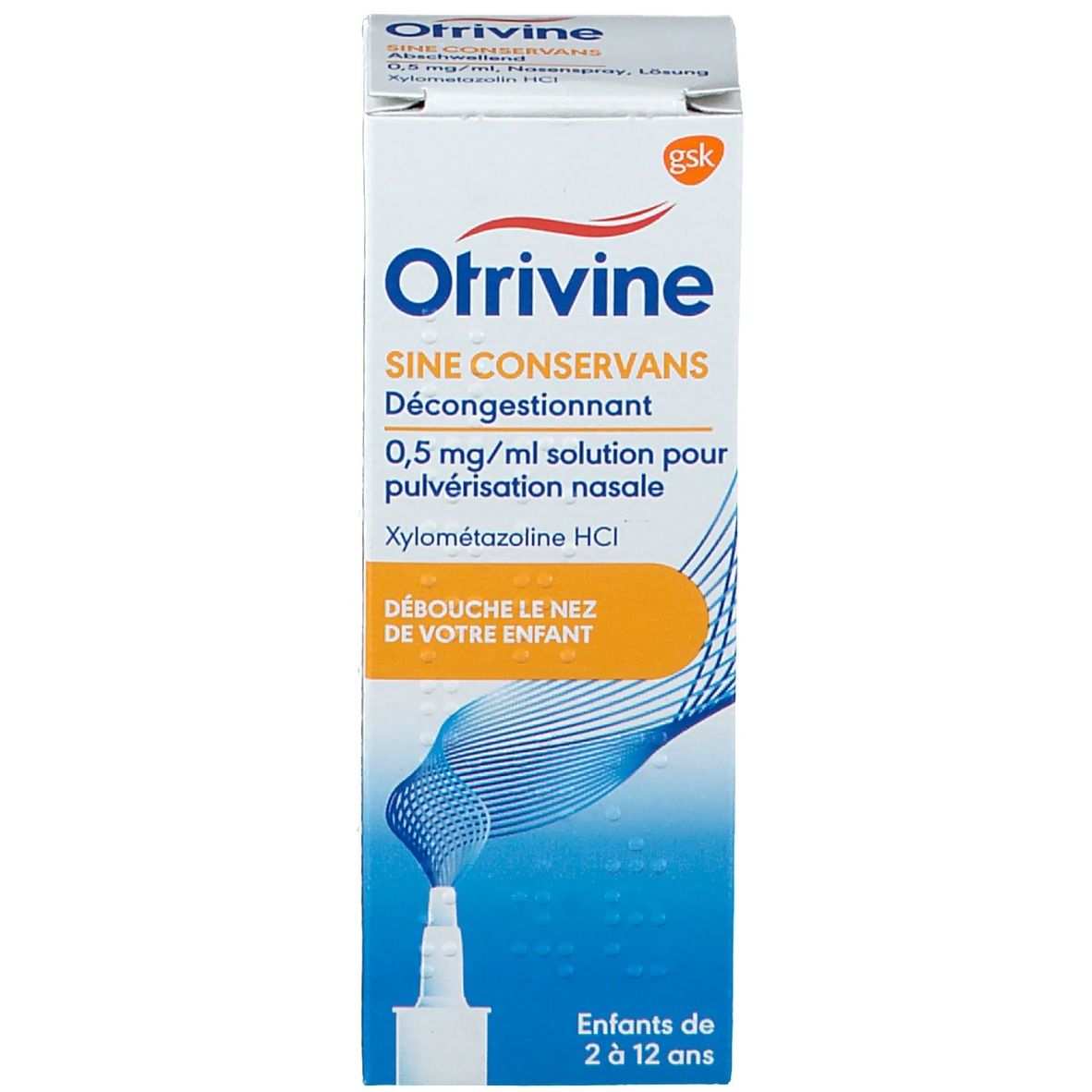 Boîte de spray nasal. Inscription : Otrivine Sine Conservans, 0,5 mg/ml. Pour enfants de 2 ans et plus.