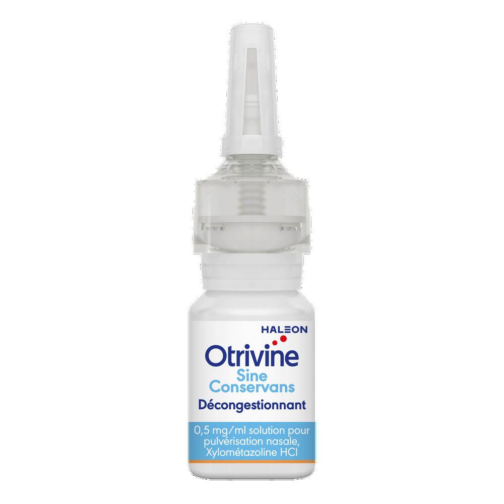 Flacon de spray nasal avec embout. Inscription : Otrivine Sine Conservans, 0,5 mg/ml, 10 ml.