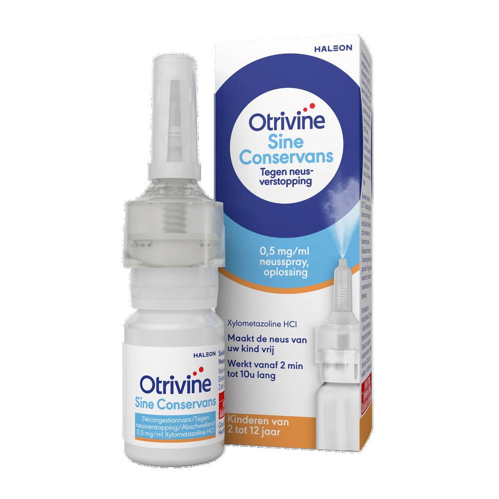 Neussprayfles met sproeikop. Opschrift: Otrivine Sine Conservans, 0,5 mg/ml, 10 ml.
