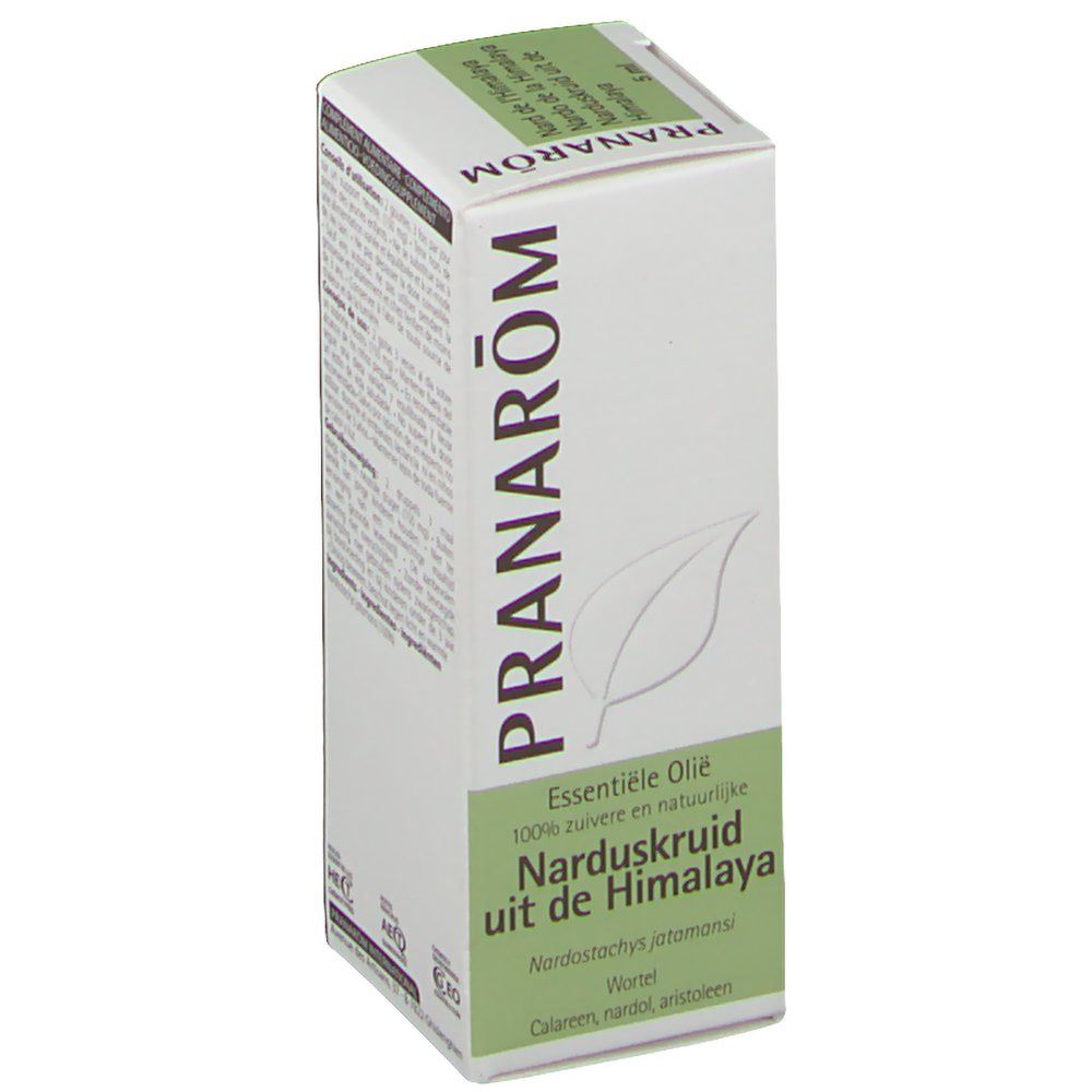 Boîte en carton Pranarom, vert et blanc. Nom du produit : Narduskruid uit de Himalaya. Logo feuille. Informations produit et mentions légales.