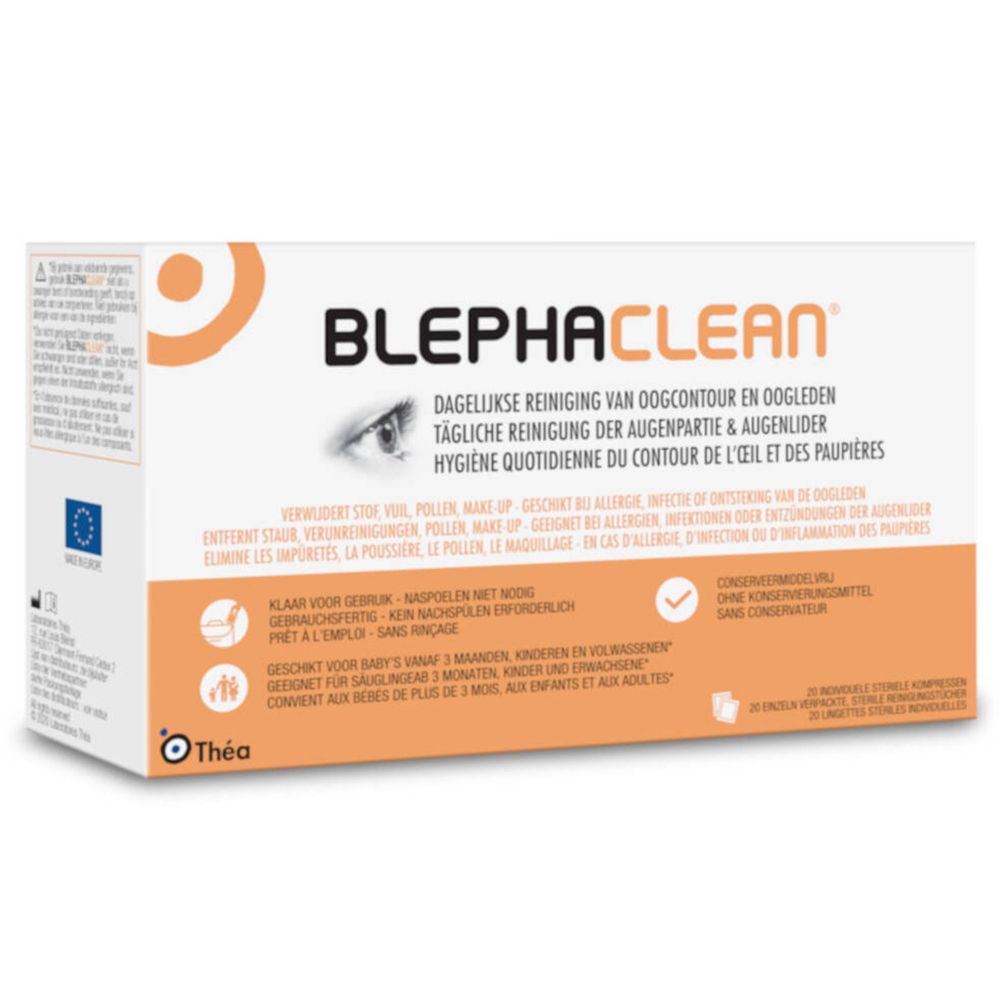 Verpakking van Blephaclean®. Bevat 20 steriele kompressen. Opschrift: Dagelijkse reiniging van oogcontour en oogleden.