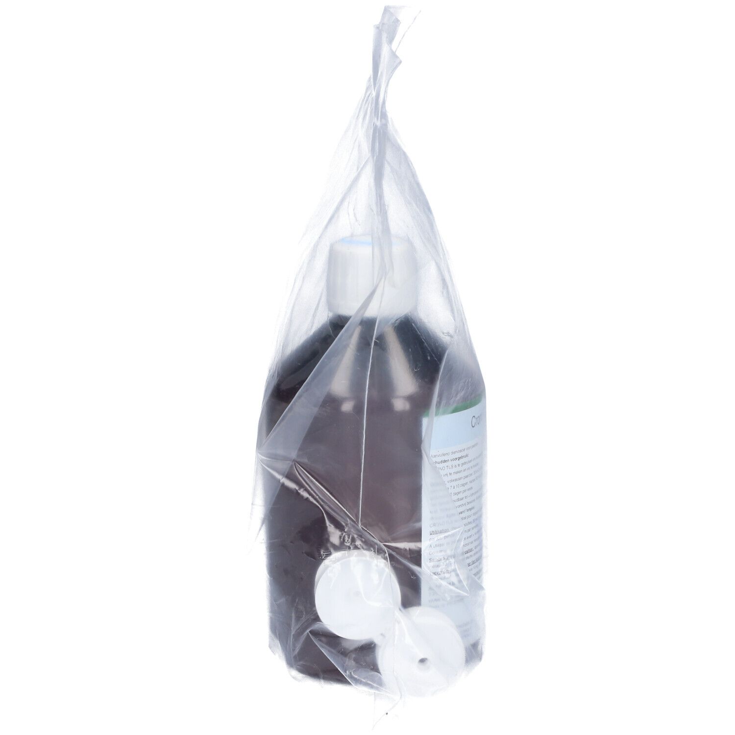 Flacon brun avec bouchon blanc dans un emballage plastique. Nom du produit non visible. Flacon debout.