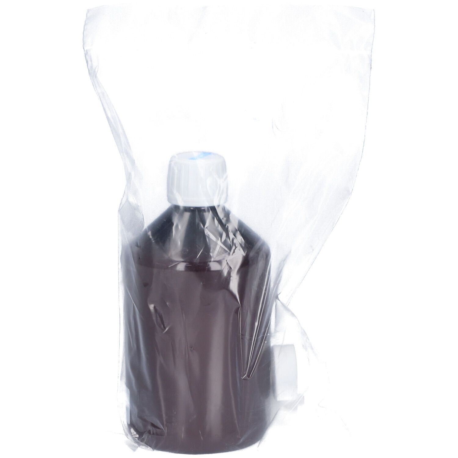 Flacon brun avec bouchon blanc dans un emballage plastique. Nom du produit non visible. Flacon debout.