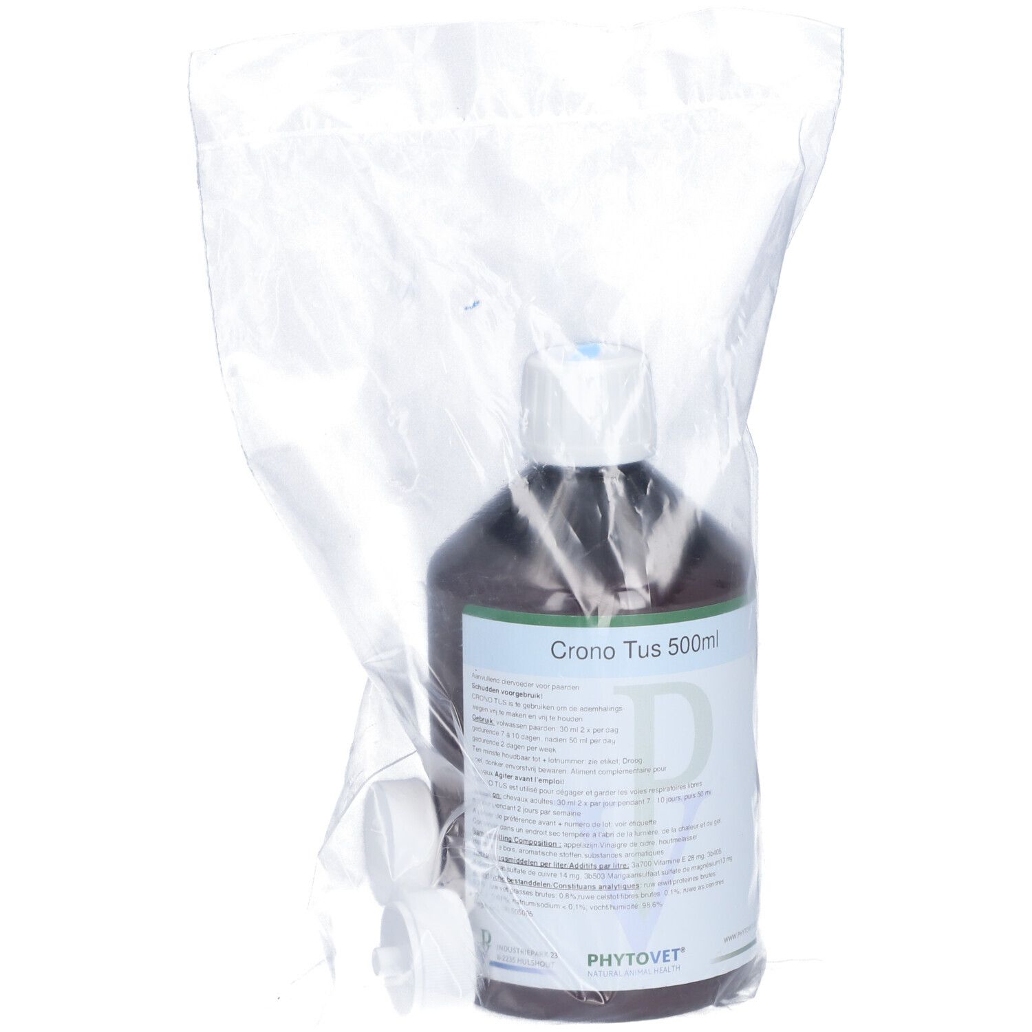 Flacon brun avec bouchon blanc et étiquette. Nom du produit : Crono Tus 500ml. Dans un emballage plastique.
