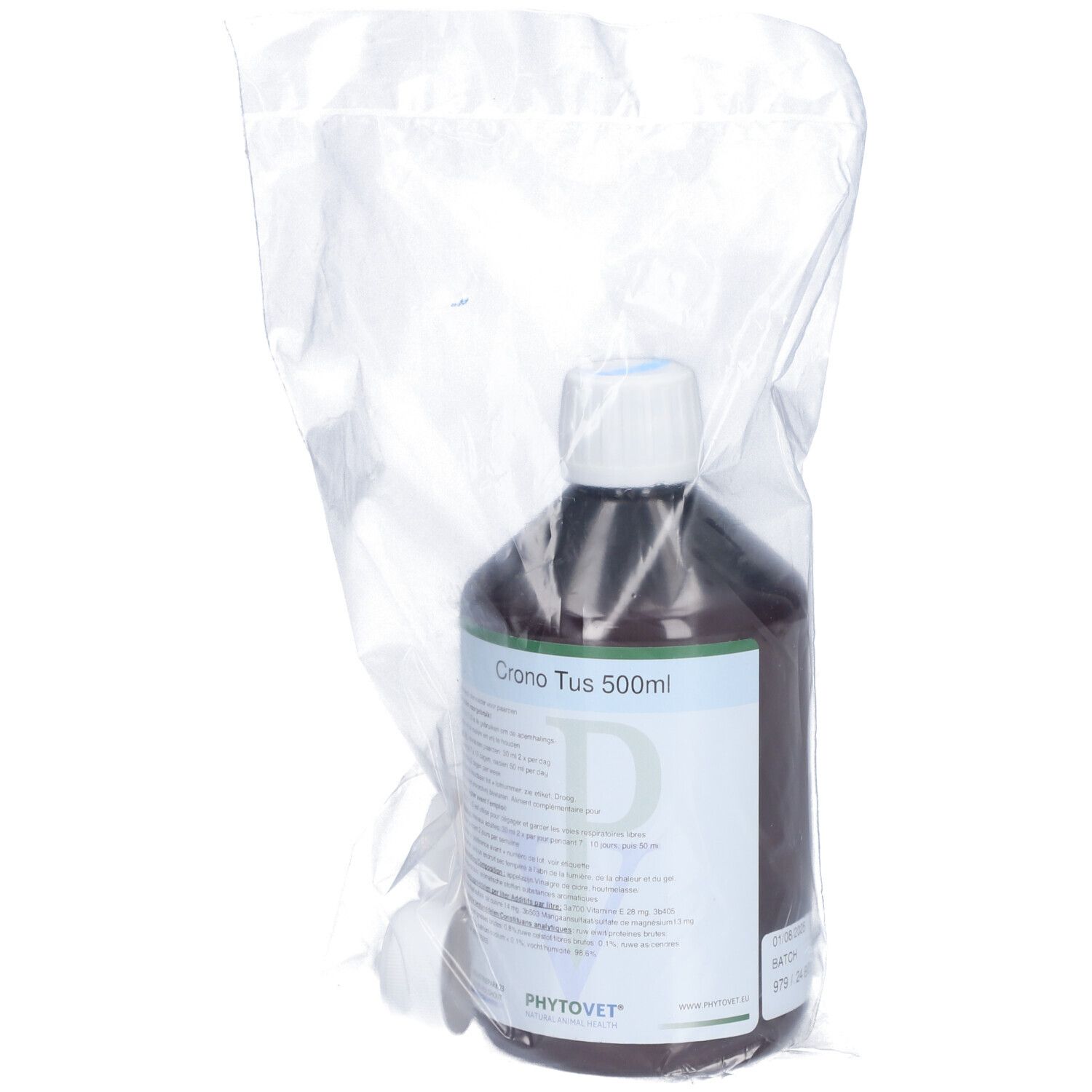 Flacon brun avec bouchon blanc et étiquette. Nom du produit : Crono Tus 500ml. Dans un emballage plastique.