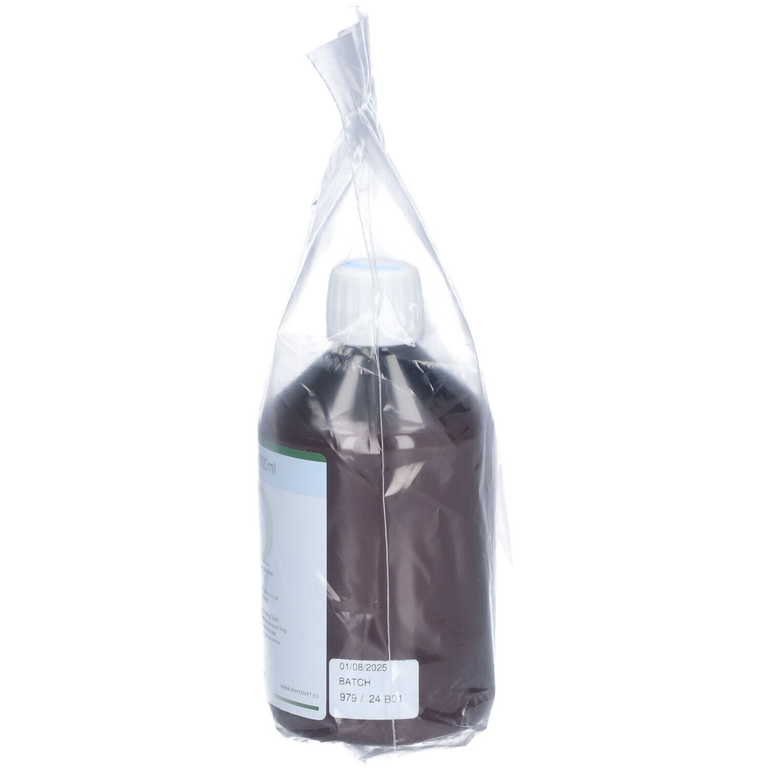 Flacon brun avec bouchon blanc dans un emballage plastique. Étiquette avec informations de lot. Flacon debout.