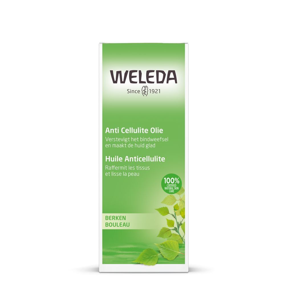 Emballage avec nom du produit et feuilles. Marque Weleda. Texte en allemand, français et néerlandais. Ingrédients 100% naturels.