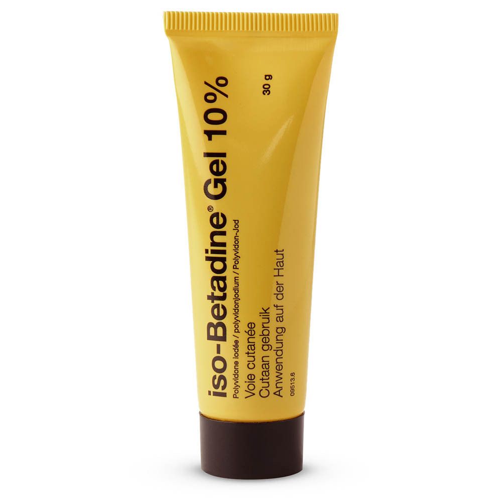Gele gel tube met zwarte dop. Opschrift: iso-Betadine Gel 10%.