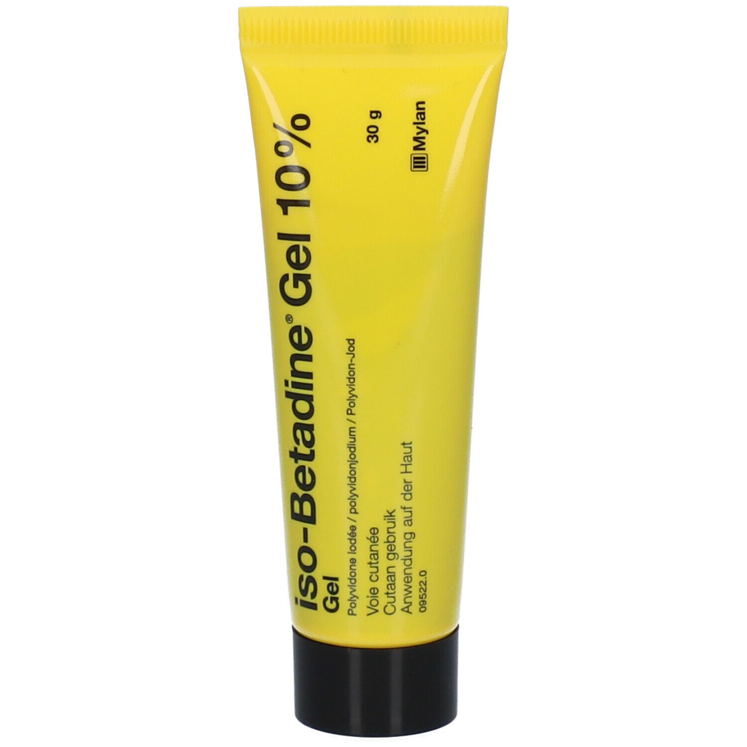 Gele gel tube met zwarte dop. Opschrift: iso-Betadine Gel 10%.