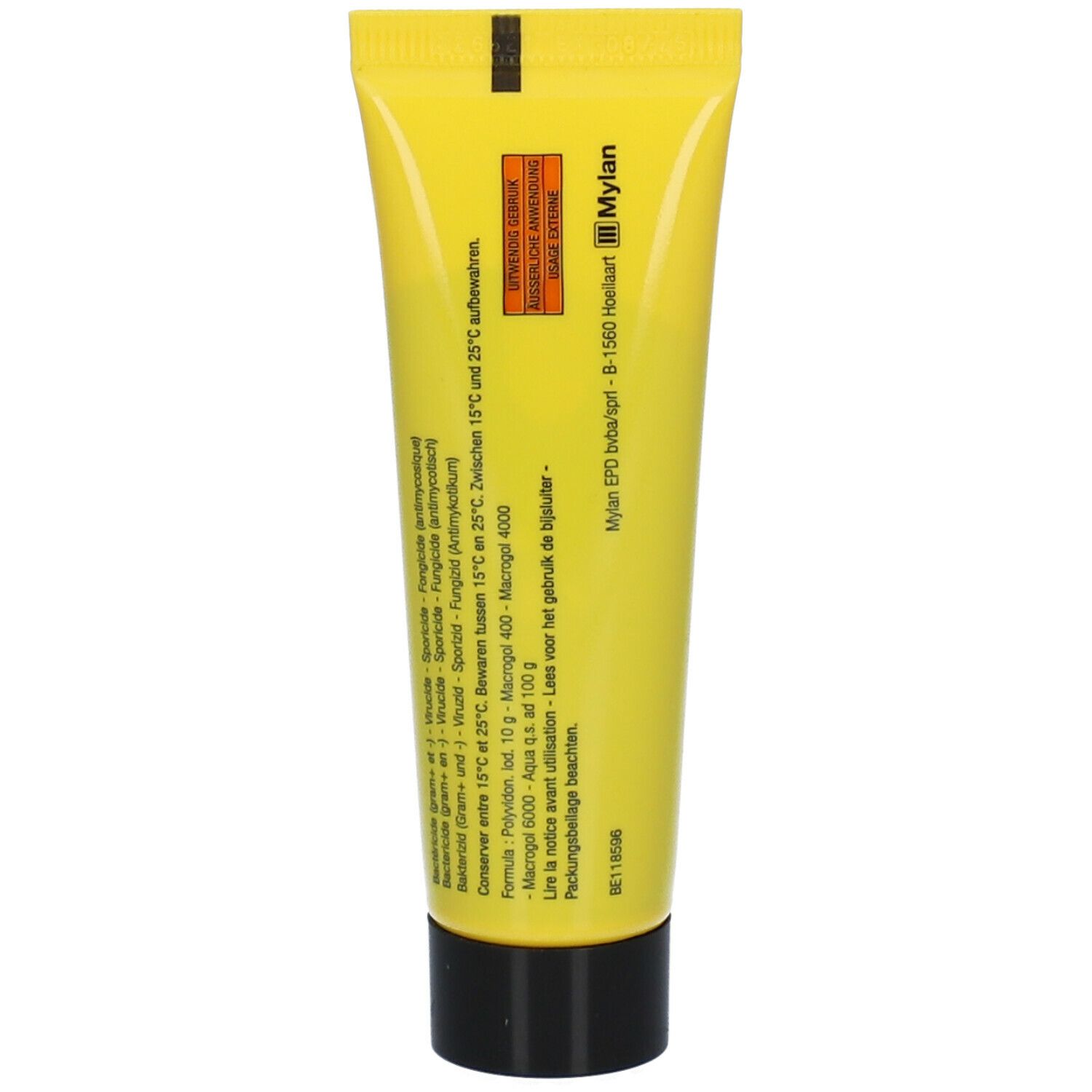 Achterkant van de gele gel tube. Bevat informatie en waarschuwingen.