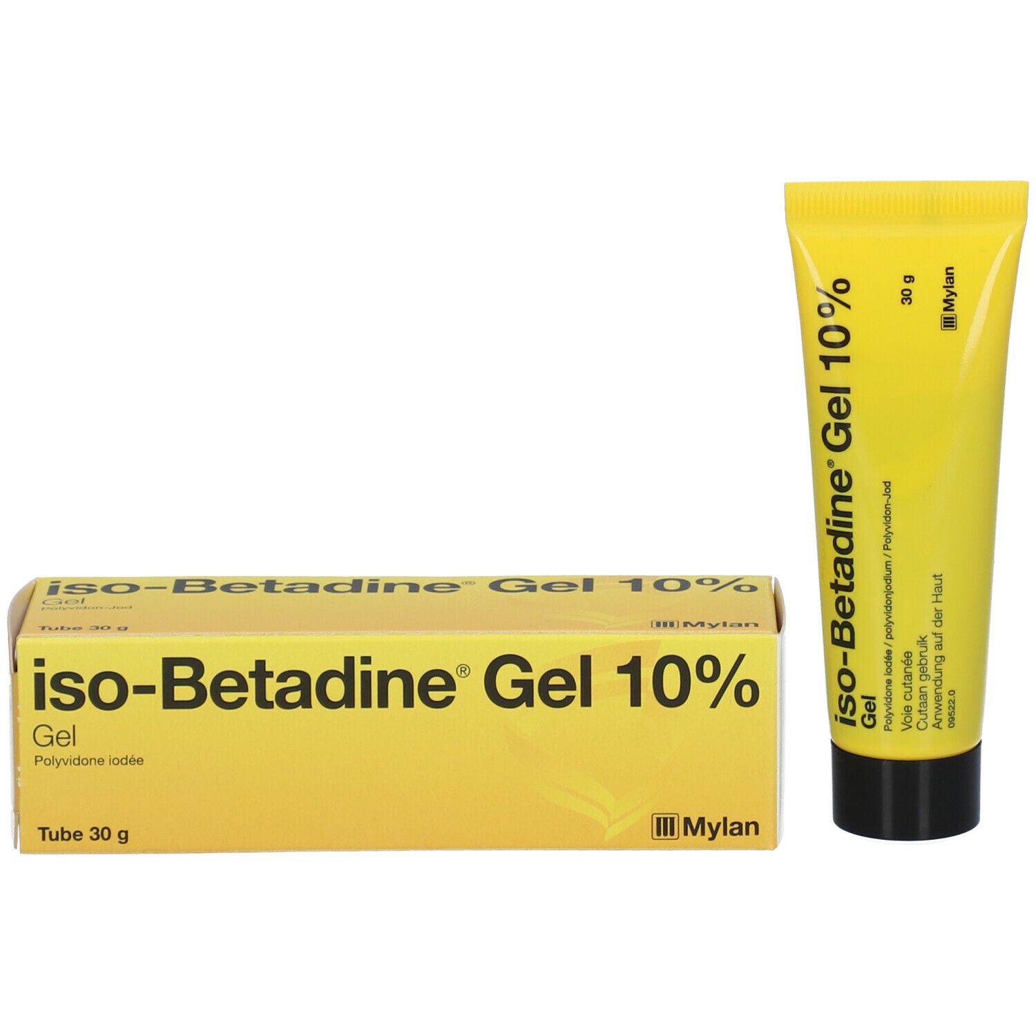 Gel tube en doos. Opschrift: iso-Betadine Gel 10%.