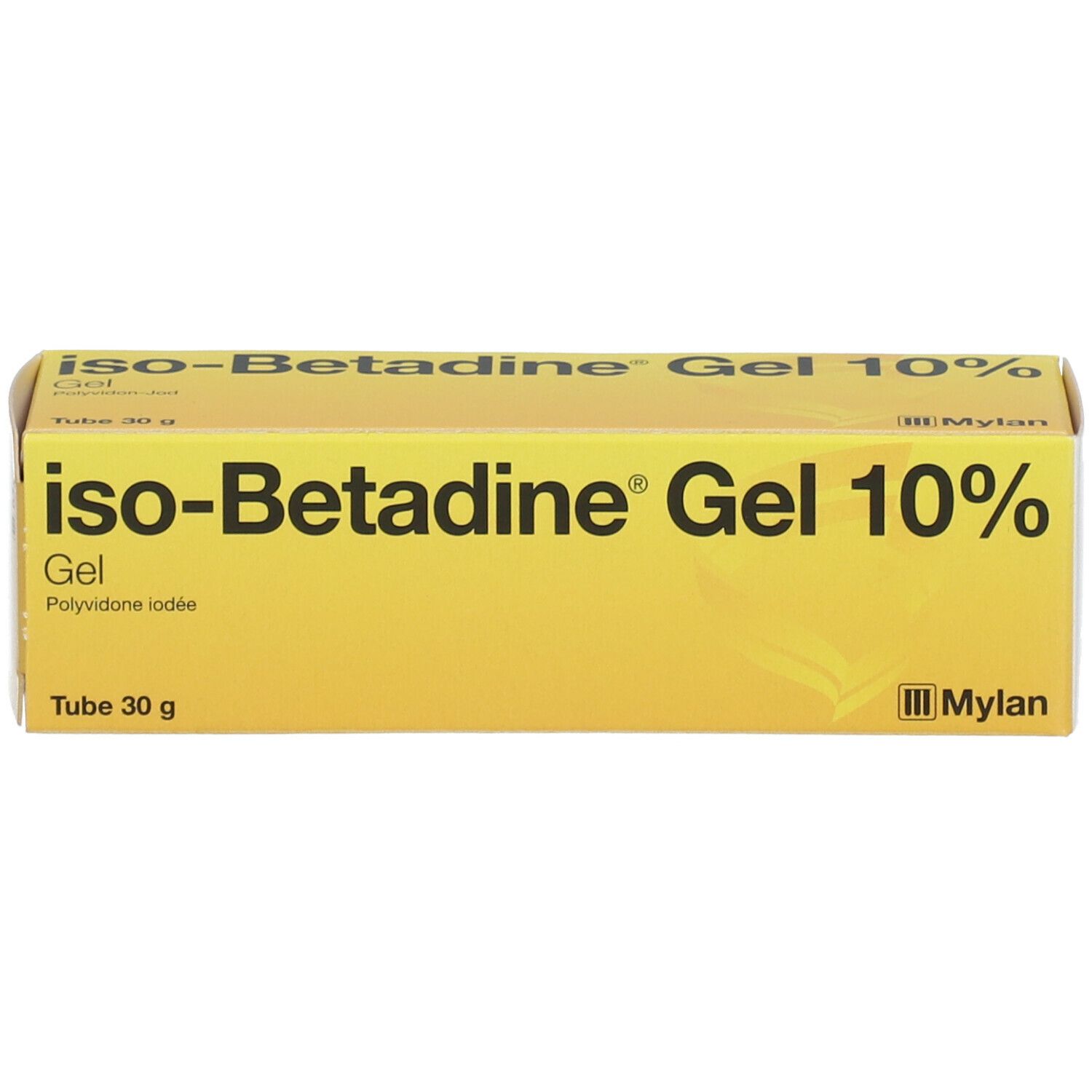 Gele geldoos met opschrift: iso-Betadine Gel 10%.