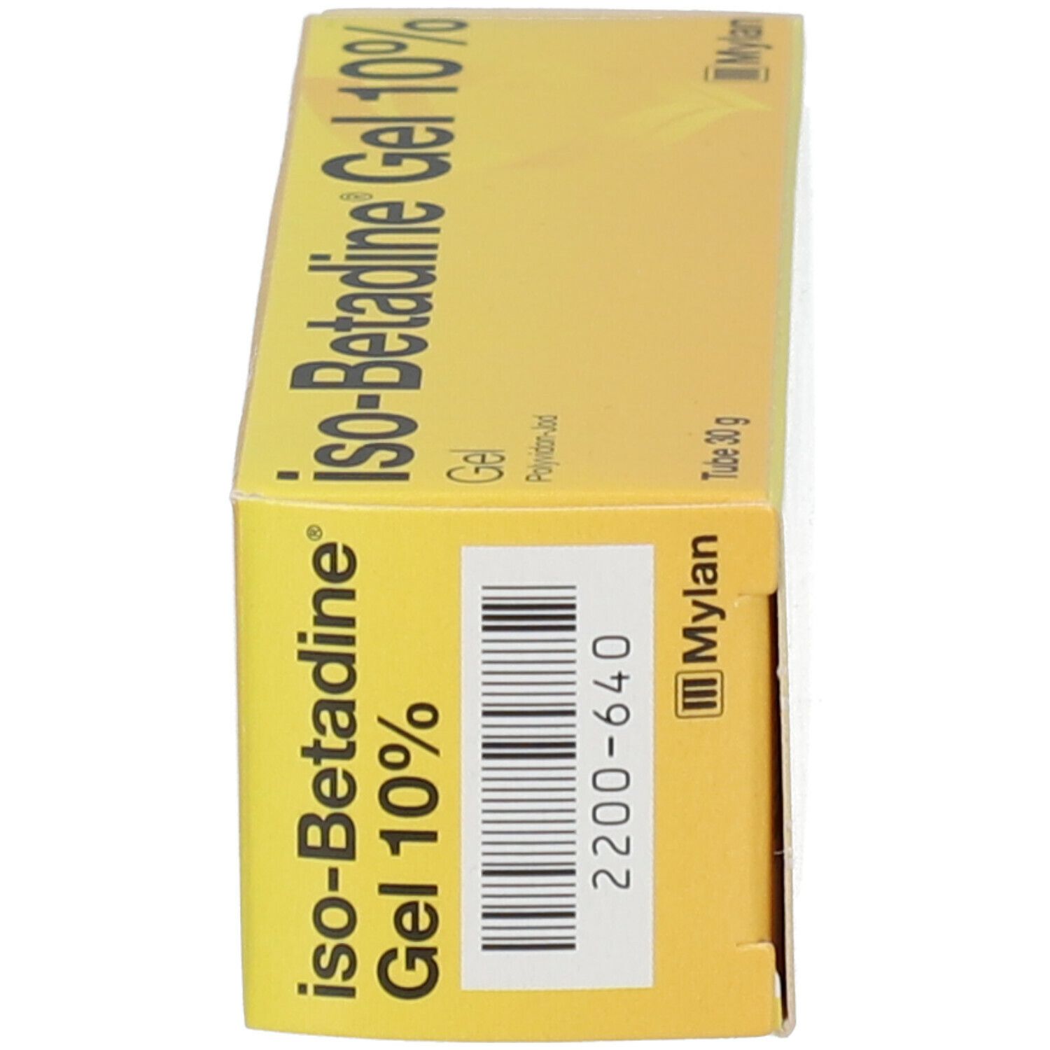 Gele geldoos met barcode en opschrift: iso-Betadine Gel 10%.