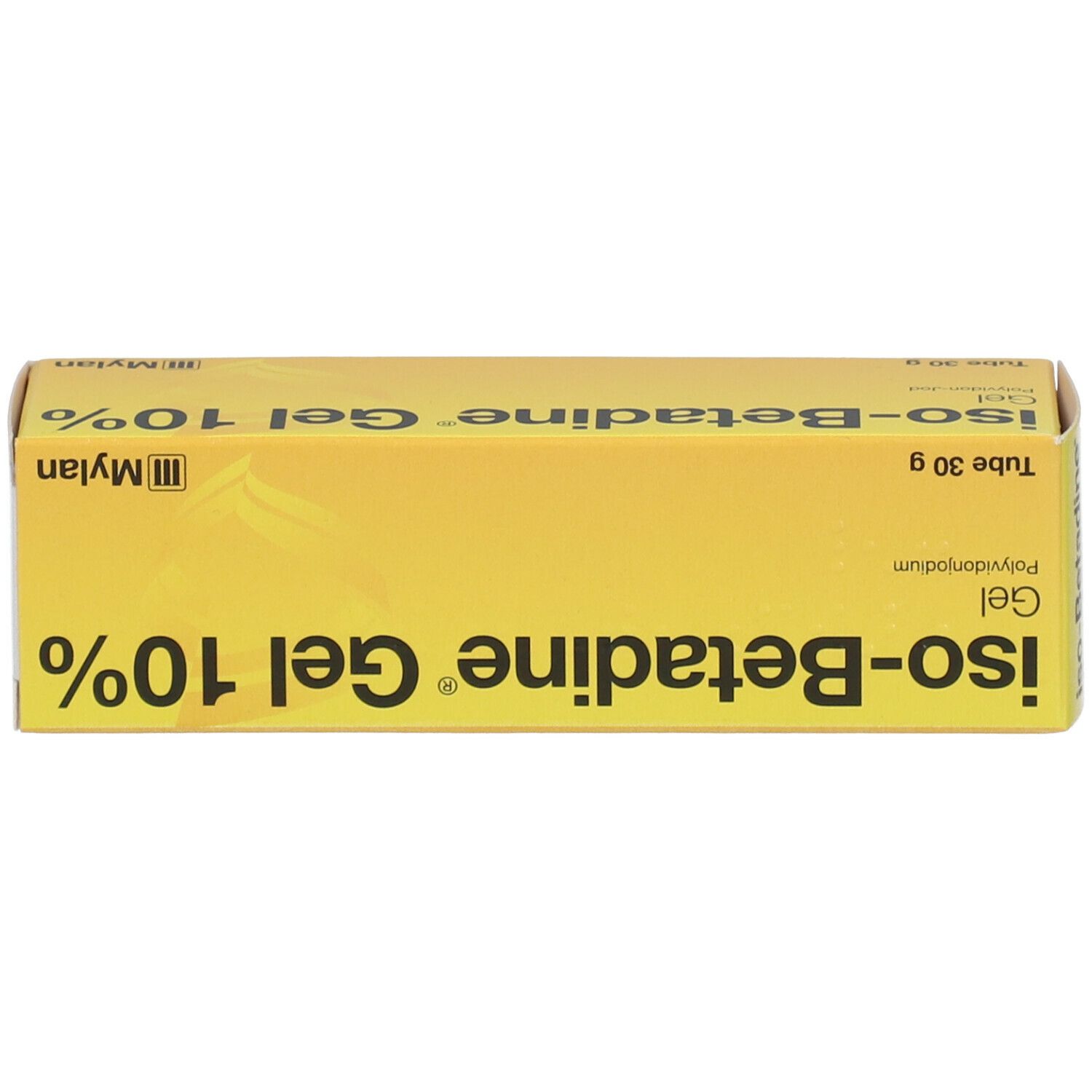 Gele geldoos met opschrift: iso-Betadine Gel 10%.