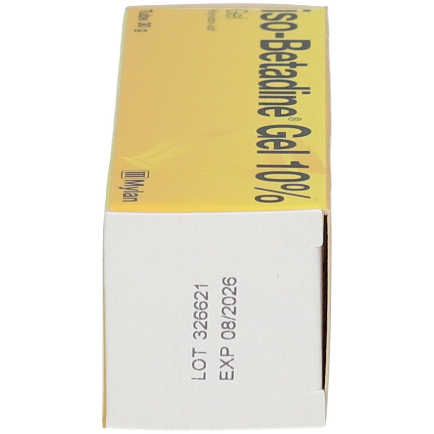 Gele geldoos met vervaldatum en opschrift: iso-Betadine Gel 10%.