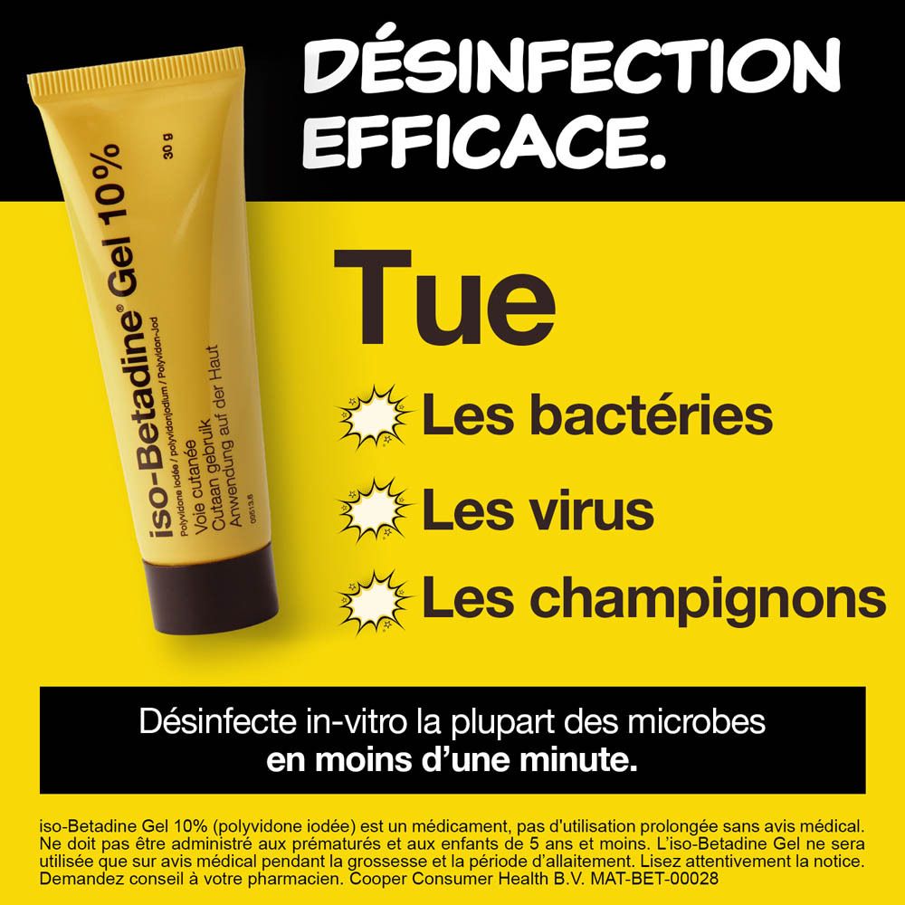 Image publicitaire avec tube de gel et texte : Désinfection efficace. Tue bactéries, virus, champignons.