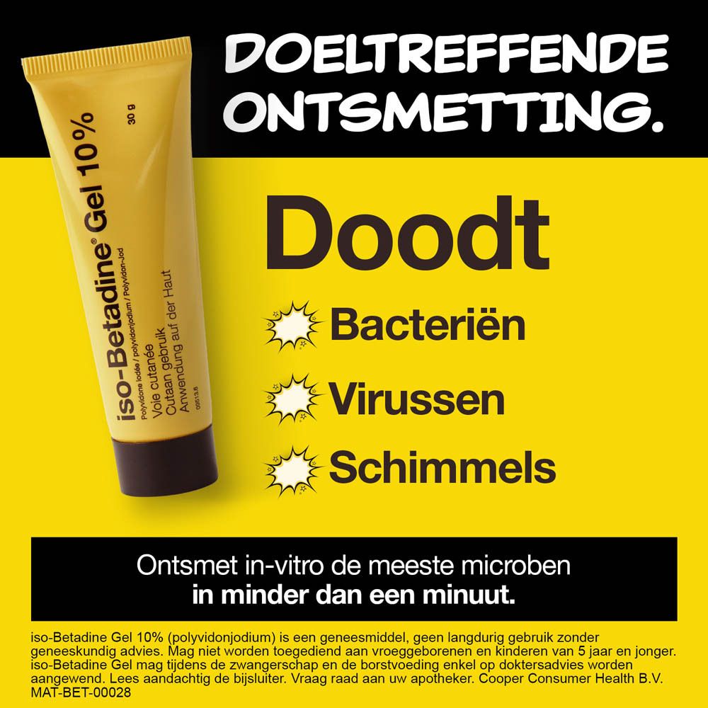 Reclamebeeld met gel tube en tekst: Effectieve ontsmetting. Doodt bacteriën, virussen, schimmels.