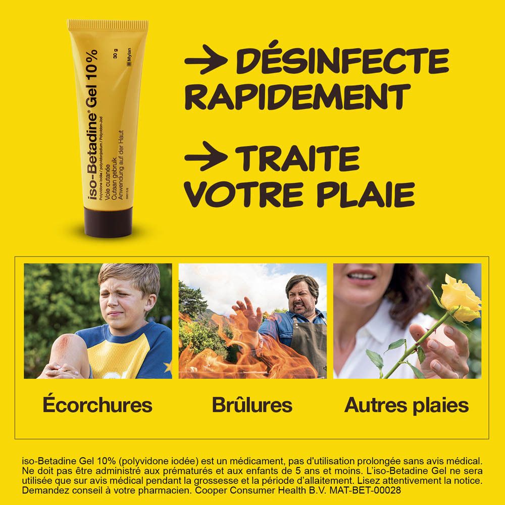 Image publicitaire avec tube de gel et texte : Désinfecte rapidement, traite vos plaies. Images de blessures.
