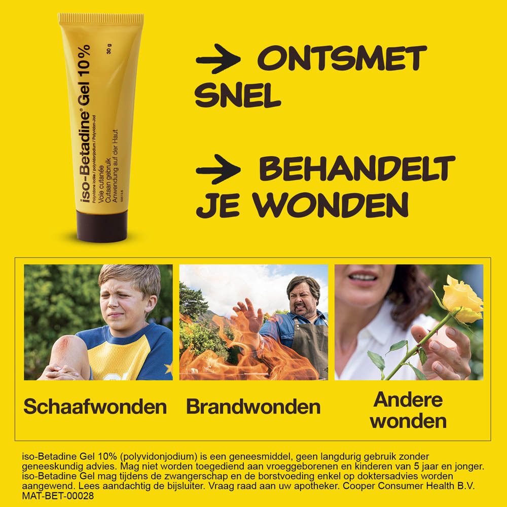 Reclamebeeld met gel tube en tekst: Ontsmet snel, behandelt je wonden. Beelden van verwondingen.