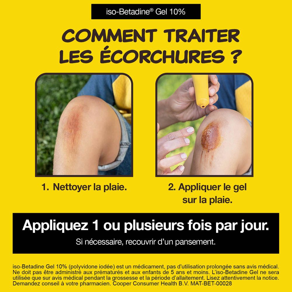 Image publicitaire avec tube de gel et texte : Comment traiter les écorchures ? Images de blessures au genou.